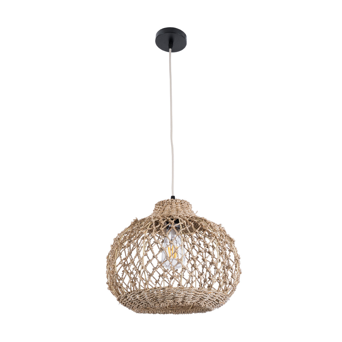 GloboStar® ECUADOR 02115 Boho Κρεμαστό Φωτιστικό Οροφής Μονόφωτο 1 x E27 AC220-240V IP20 - Φ35 x Υ28cm - Μπεζ Seagrass - Φύκι Πλέγμα Καμπάνα - 5 Χρόνια Εγγύηση - ledmania.gr