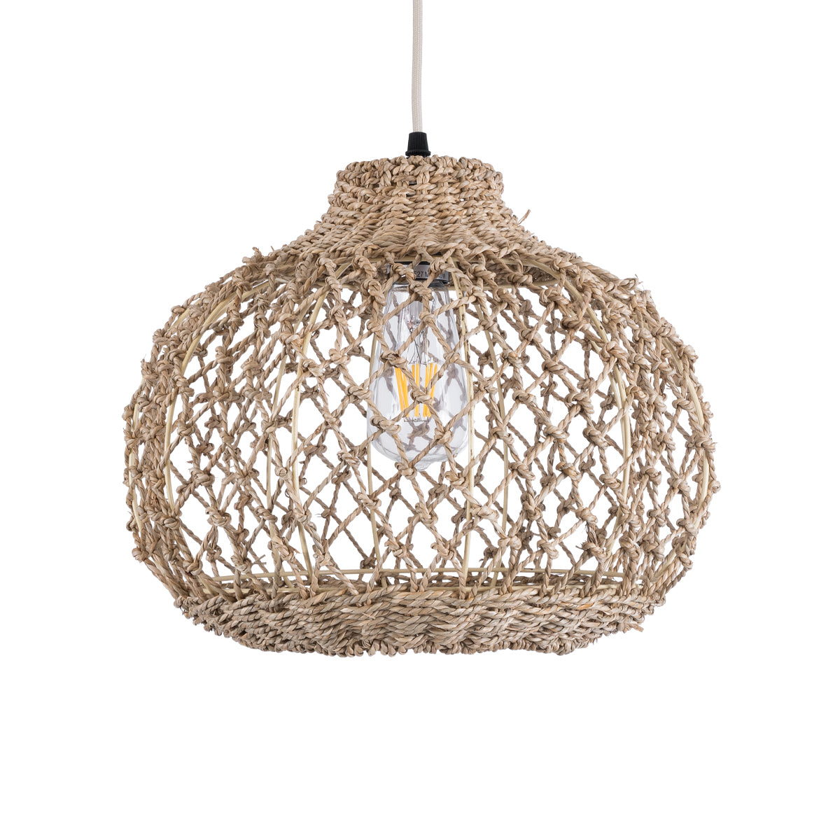 GloboStar® ECUADOR 02115 Boho Κρεμαστό Φωτιστικό Οροφής Μονόφωτο 1 x E27 AC220-240V IP20 - Φ35 x Υ28cm - Μπεζ Seagrass - Φύκι Πλέγμα Καμπάνα - 5 Χρόνια Εγγύηση - ledmania.gr