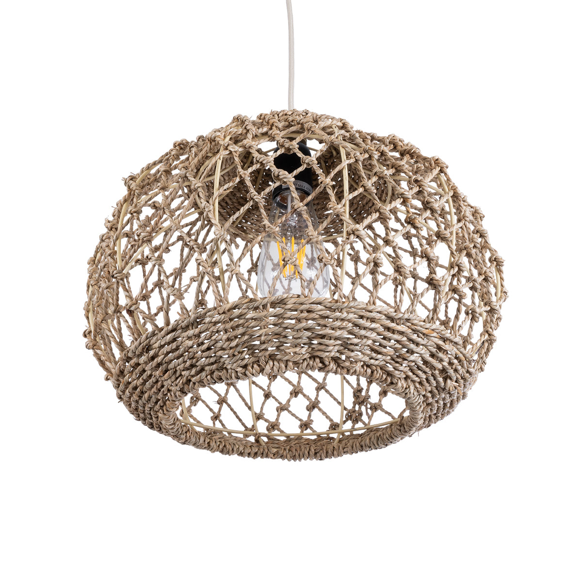 GloboStar® ECUADOR 02115 Boho Κρεμαστό Φωτιστικό Οροφής Μονόφωτο 1 x E27 AC220-240V IP20 - Φ35 x Υ28cm - Μπεζ Seagrass - Φύκι Πλέγμα Καμπάνα - 5 Χρόνια Εγγύηση - ledmania.gr