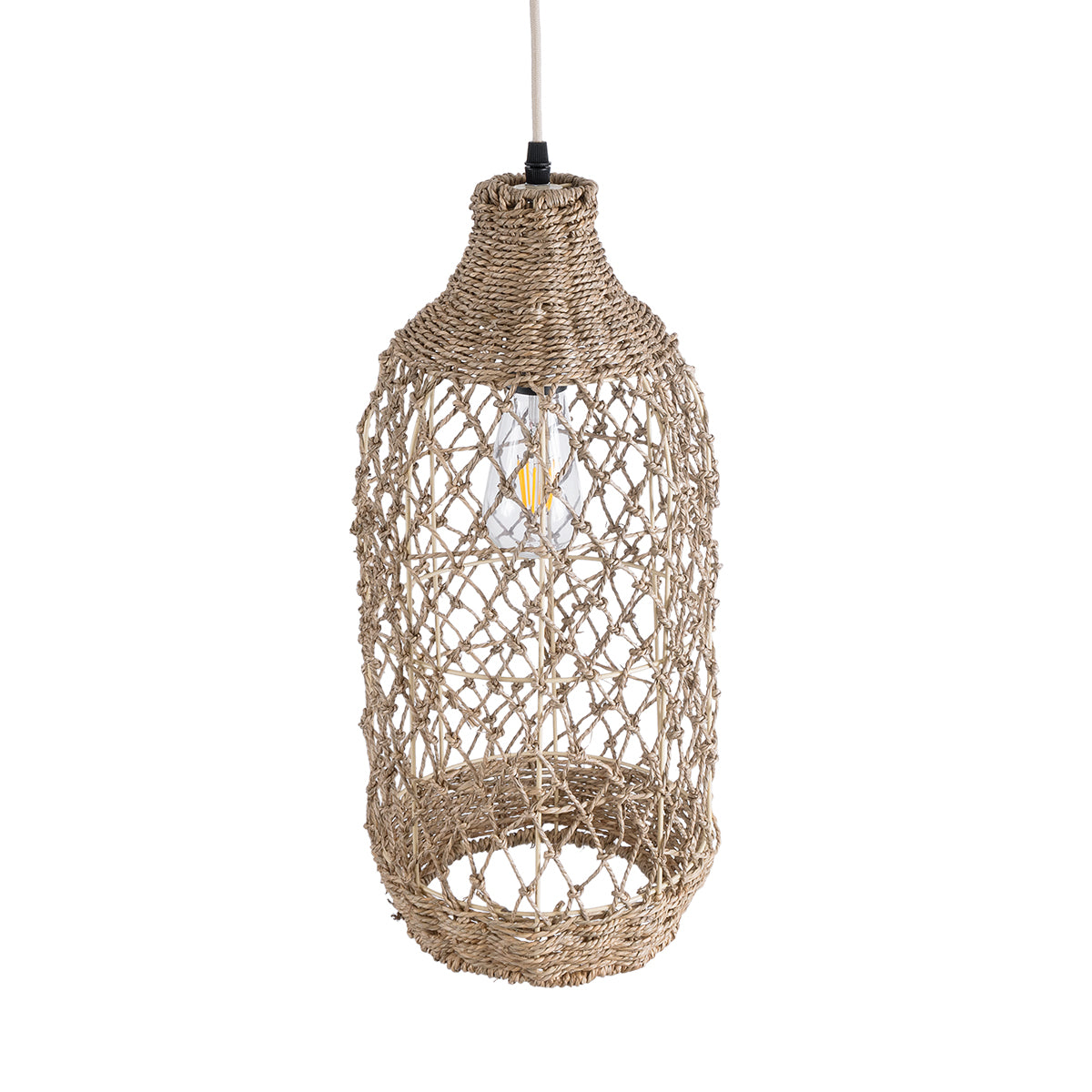 GloboStar® NIMBLIN 02116 Boho Κρεμαστό Φωτιστικό Οροφής Μονόφωτο 1 x E27 AC220-240V IP20 - Φ23 x Υ50cm - Μπεζ Seagrass - Φύκι Πλέγμα Καμπάνα - 5 Χρόνια Εγγύηση - ledmania.gr