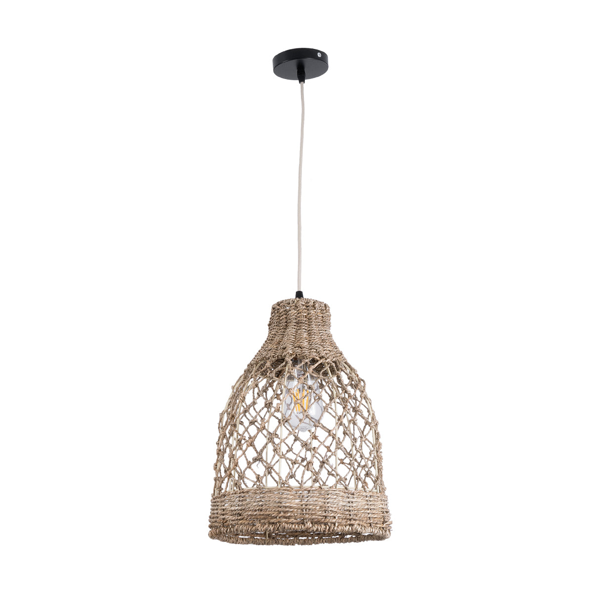 GloboStar® NIMBLIN 02118 Boho Κρεμαστό Φωτιστικό Οροφής Μονόφωτο 1 x E27 AC220-240V IP20 - Φ25 x Υ35cm - Μπεζ Seagrass - Φύκι Πλέγμα Καμπάνα - 5 Χρόνια Εγγύηση - ledmania.gr