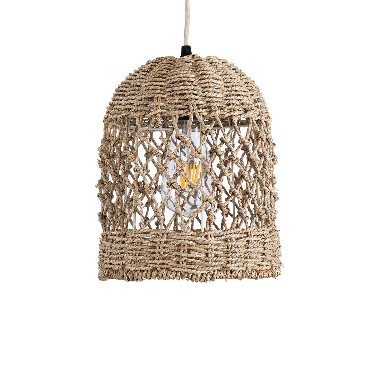 GloboStar® ECUADOR 02121 Boho Κρεμαστό Φωτιστικό Οροφής Μονόφωτο 1 x E27 AC220-240V IP20 - Φ20 x Υ25cm - Μπεζ Seagrass - Φύκι Πλέγμα Καμπάνα - 5 Χρόνια Εγγύηση - ledmania.gr