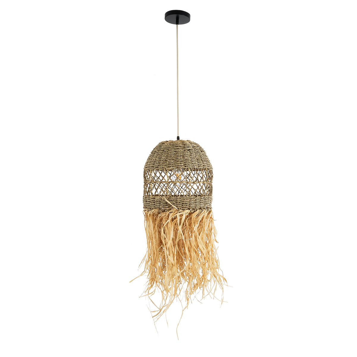 GloboStar® SAINTLUCIA 02160 Boho Κρεμαστό Φωτιστικό Οροφής Μονόφωτο 1 x E27 AC220-240V IP20 - Φ30 x Υ90cm - Χακί Σχοινί με Μπεζ Φυσική Ράφια Νήμα Πλεγμα Καμπάνα - 5 Χρόνια Εγγύηση - ledmania.gr