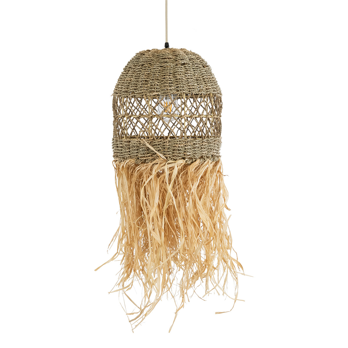 GloboStar® SAINTLUCIA 02160 Boho Κρεμαστό Φωτιστικό Οροφής Μονόφωτο 1 x E27 AC220-240V IP20 - Φ30 x Υ90cm - Χακί Σχοινί με Μπεζ Φυσική Ράφια Νήμα Πλεγμα Καμπάνα - 5 Χρόνια Εγγύηση - ledmania.gr