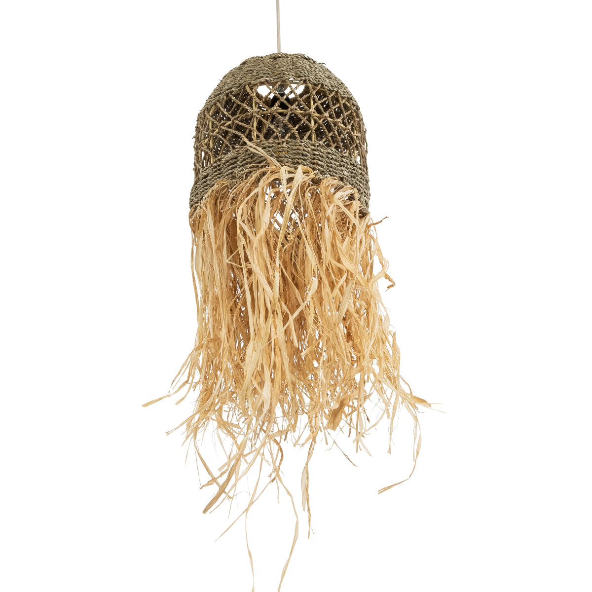 GloboStar® SAINTLUCIA 02160 Boho Κρεμαστό Φωτιστικό Οροφής Μονόφωτο 1 x E27 AC220-240V IP20 - Φ30 x Υ90cm - Χακί Σχοινί με Μπεζ Φυσική Ράφια Νήμα Πλεγμα Καμπάνα - 5 Χρόνια Εγγύηση - ledmania.gr