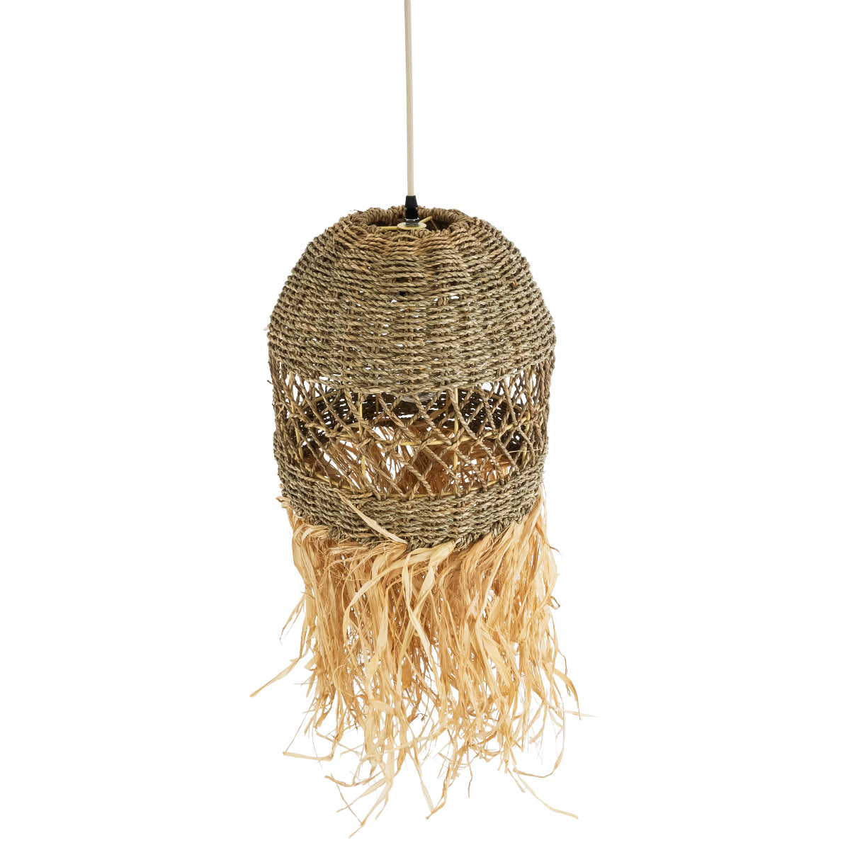 GloboStar® SAINTLUCIA 02160 Boho Κρεμαστό Φωτιστικό Οροφής Μονόφωτο 1 x E27 AC220-240V IP20 - Φ30 x Υ90cm - Χακί Σχοινί με Μπεζ Φυσική Ράφια Νήμα Πλεγμα Καμπάνα - 5 Χρόνια Εγγύηση - ledmania.gr