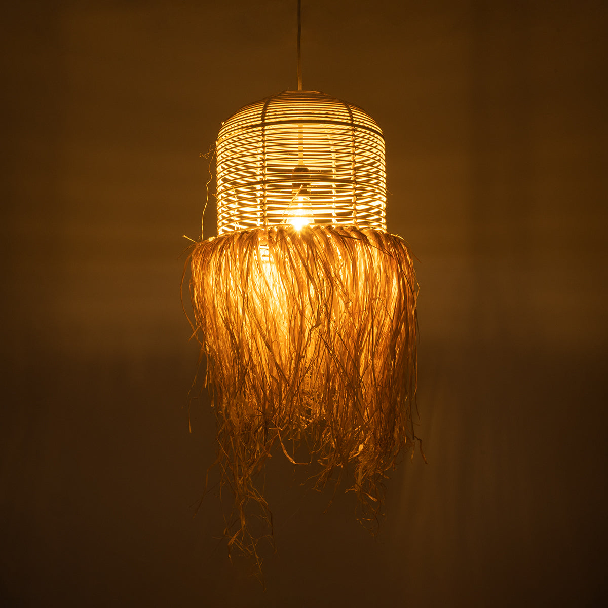GloboStar® BASSETERRE 02162 Boho Κρεμαστό Φωτιστικό Οροφής Μονόφωτο 1 x E27 AC220-240V IP20 - Φ35 x Υ60cm - Μπεζ Ξύλινο Μπαμπού με Μπεζ Φυσική Ράφια Νήμα Πλεγμα Καμπάνα - 5 Χρόνια Εγγύηση - ledmania.gr