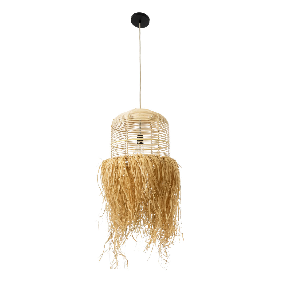GloboStar® BASSETERRE 02162 Boho Κρεμαστό Φωτιστικό Οροφής Μονόφωτο 1 x E27 AC220-240V IP20 - Φ35 x Υ60cm - Μπεζ Ξύλινο Μπαμπού με Μπεζ Φυσική Ράφια Νήμα Πλεγμα Καμπάνα - 5 Χρόνια Εγγύηση - ledmania.gr