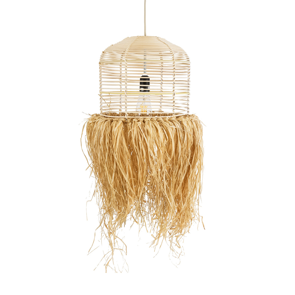 GloboStar® BASSETERRE 02162 Boho Κρεμαστό Φωτιστικό Οροφής Μονόφωτο 1 x E27 AC220-240V IP20 - Φ35 x Υ60cm - Μπεζ Ξύλινο Μπαμπού με Μπεζ Φυσική Ράφια Νήμα Πλεγμα Καμπάνα - 5 Χρόνια Εγγύηση - ledmania.gr