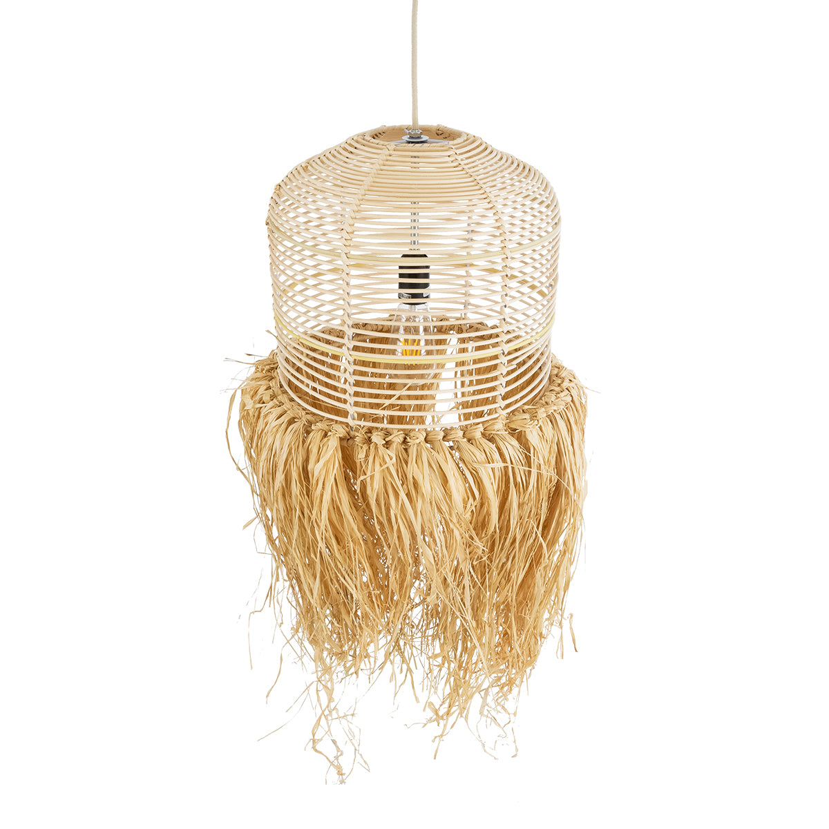 GloboStar® BASSETERRE 02162 Boho Κρεμαστό Φωτιστικό Οροφής Μονόφωτο 1 x E27 AC220-240V IP20 - Φ35 x Υ60cm - Μπεζ Ξύλινο Μπαμπού με Μπεζ Φυσική Ράφια Νήμα Πλεγμα Καμπάνα - 5 Χρόνια Εγγύηση - ledmania.gr