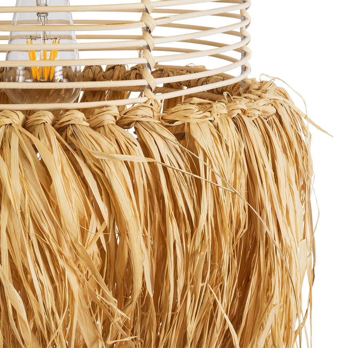 GloboStar® BASSETERRE 02162 Boho Κρεμαστό Φωτιστικό Οροφής Μονόφωτο 1 x E27 AC220-240V IP20 - Φ35 x Υ60cm - Μπεζ Ξύλινο Μπαμπού με Μπεζ Φυσική Ράφια Νήμα Πλεγμα Καμπάνα - 5 Χρόνια Εγγύηση - ledmania.gr