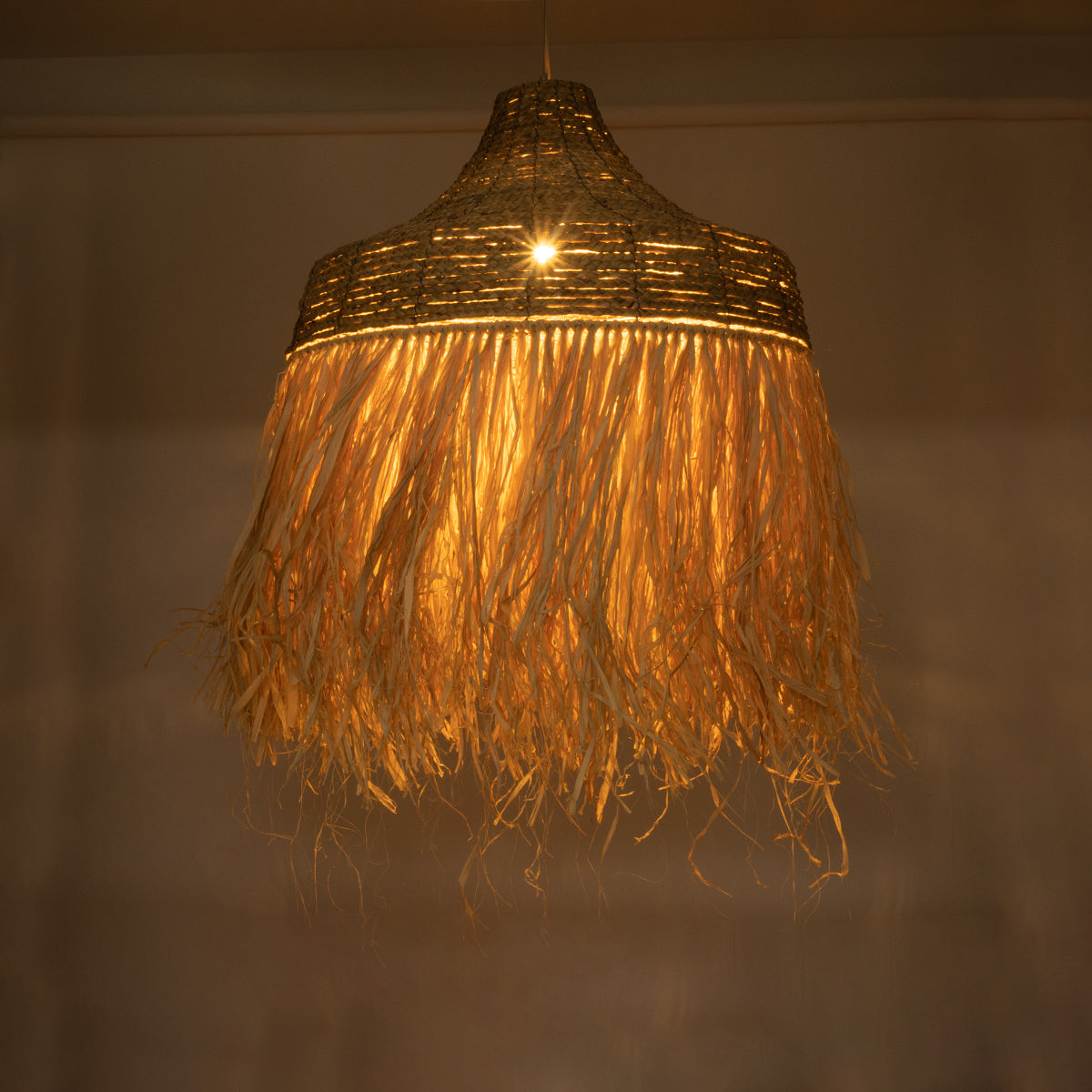 GloboStar® NEGRIL 02186 Boho Κρεμαστό Φωτιστικό Οροφής Μονόφωτο 1 x E27 AC220-240V IP20 - Φ80 x Υ120cm - Μπεζ Φυσική Ράφια Νήμα Πλέγμα Καμπάνα - 5 Χρόνια Εγγύηση - ledmania.gr