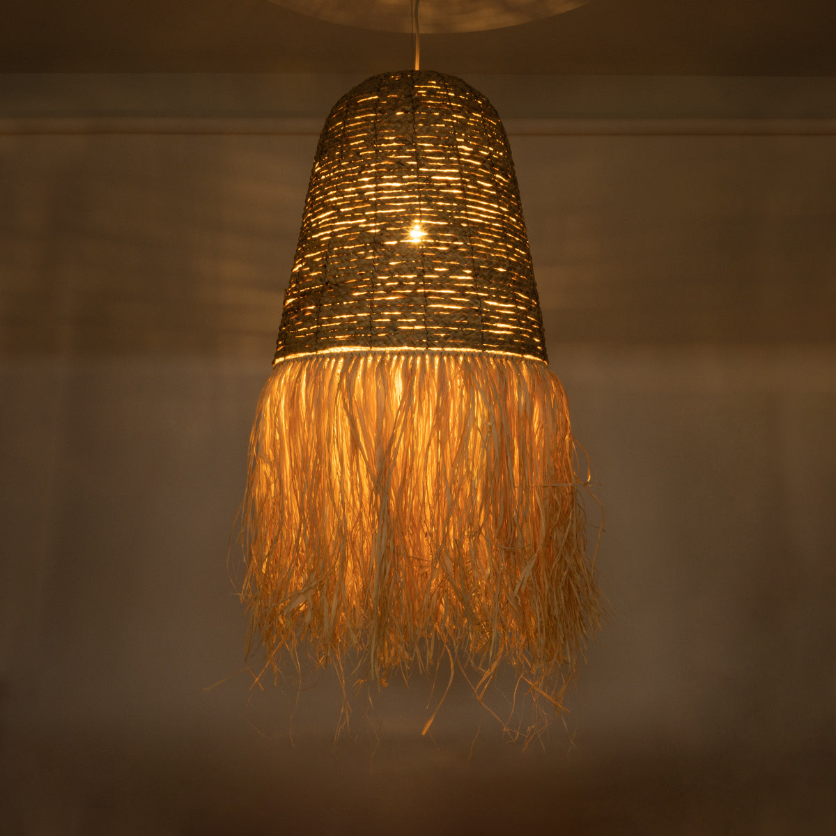 GloboStar® NEPAL 02190 Boho Κρεμαστό Φωτιστικό Οροφής Μονόφωτο 1 x E27 AC220-240V IP20 - Φ60 x Υ120cm - Μπεζ Φυσική Ράφια Νήμα Πλέγμα Καμπάνα - 5 Χρόνια Εγγύηση - ledmania.gr