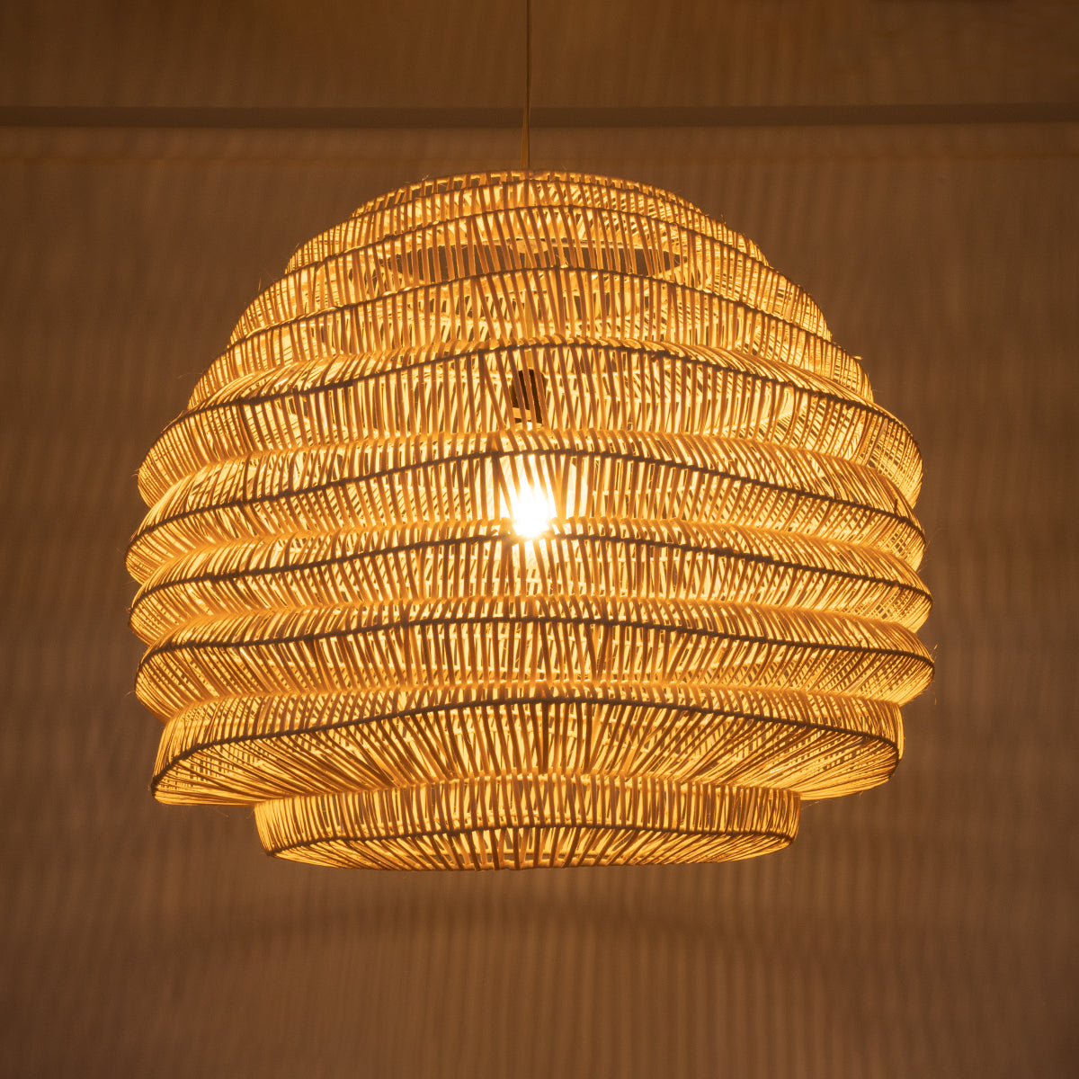 GloboStar® OREGON 02207 Boho Κρεμαστό Φωτιστικό Οροφής Μονόφωτο 1 x E27 AC220-240V IP20 - Φ80 x Υ65cm - Μπεζ Μπαμπού Πλέγμα - 5 Χρόνια Εγγύηση - ledmania.gr