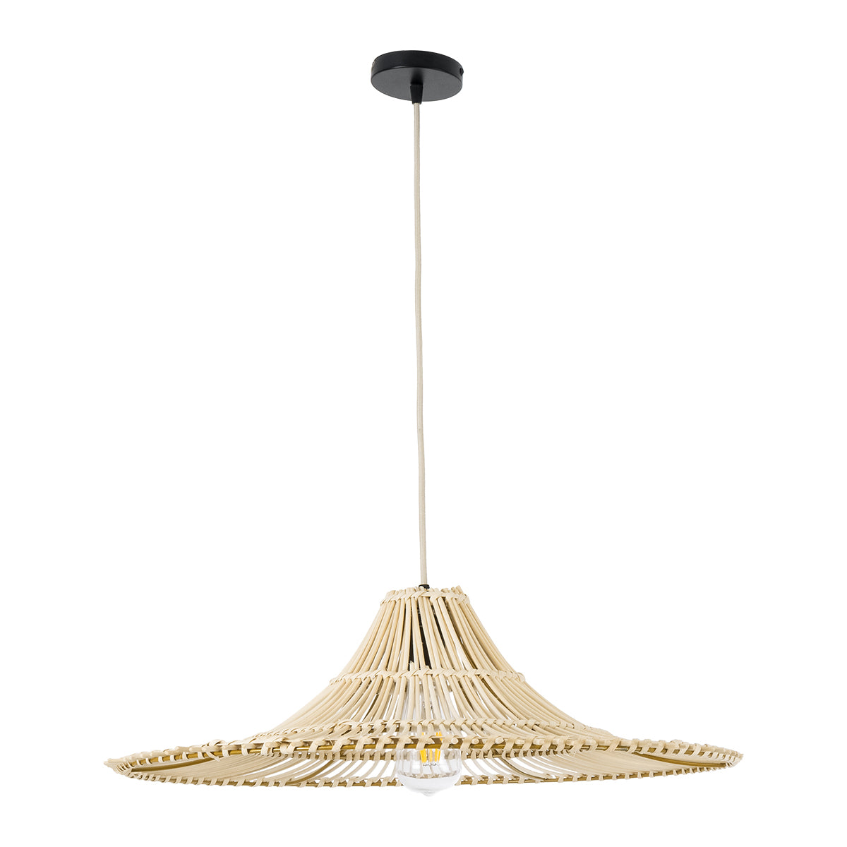 GloboStar® PALERMO 02208 Boho Κρεμαστό Φωτιστικό Οροφής Μονόφωτο 1 x E27 AC220-240V IP20 - Φ60 x Υ20cm - Μπεζ Ξύλινο Μπαμπού Πλέγμα - 5 Χρόνια Εγγύηση - ledmania.gr