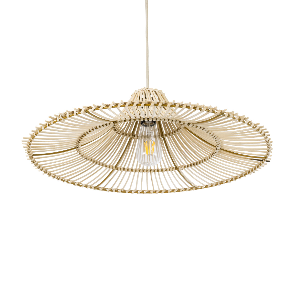 GloboStar® PALERMO 02208 Boho Κρεμαστό Φωτιστικό Οροφής Μονόφωτο 1 x E27 AC220-240V IP20 - Φ60 x Υ20cm - Μπεζ Ξύλινο Μπαμπού Πλέγμα - 5 Χρόνια Εγγύηση - ledmania.gr