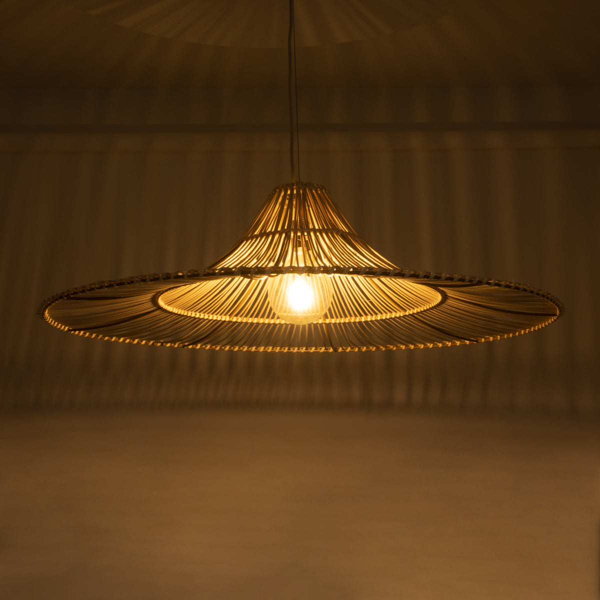 GloboStar® PALERMO 02209 Boho Κρεμαστό Φωτιστικό Οροφής Μονόφωτο 1 x E27 AC220-240V IP20 - Φ100 x Υ30cm - Μπεζ Ξύλινο Μπαμπού Πλέγμα - 5 Χρόνια Εγγύηση - ledmania.gr