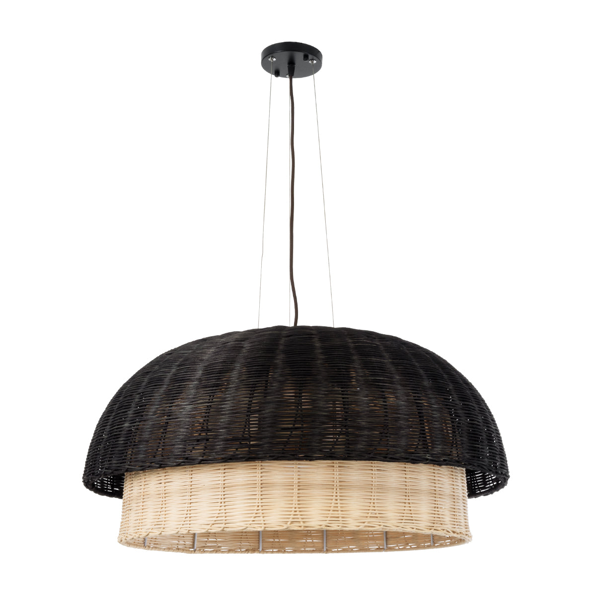 GloboStar® CORSICA 02216 Boho Κρεμαστό Φωτιστικό Οροφής Μονόφωτο 1 x E27 AC220-240V IP20 - Φ70 x Υ35cm - Μαύρο Μπεζ Ξύλινο Μπαμπού Πλέγμα Καμπάνα - 5 Χρόνια Εγγύηση - ledmania.gr