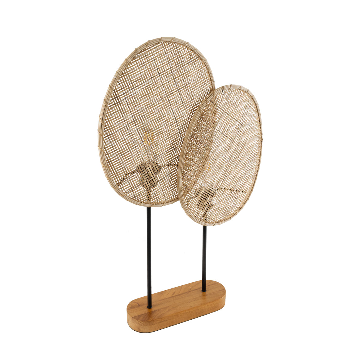 GloboStar® AZUL 02231 Boho Επιτραπέζιο Φωτιστικό Διφωτο 2 x E27 AC220-240V IP20 - Μ45 x Π11 x Υ75cm - Μπεζ Ξύλινο με Μαύρο Μεταλλικό και Μπεζ Ξύλινο Πλέγμα - 5 Χρόνια Εγγύηση - ledmania.gr