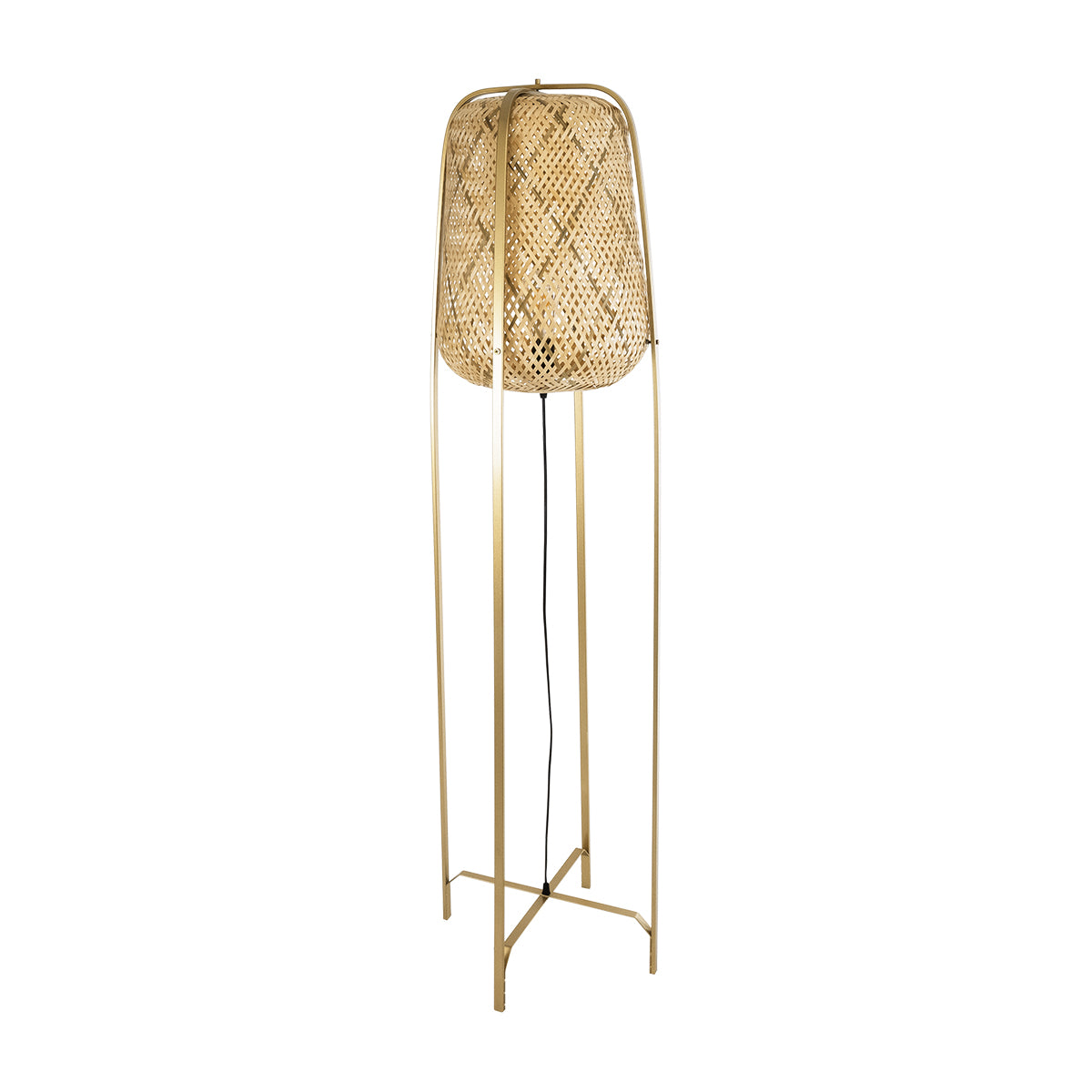 GloboStar® MEILANI 02301 Boho Επιδαπέδιο Φωτιστικό Μονόφωτο 1 x E27 AC220-240V IP20 - Φ40 x Υ150cm - Χρυσό Μεταλλικό με Μπεζ Ξύλινο Ρατάν Πλέγμα - 5 Χρόνια Εγγύηση - ledmania.gr