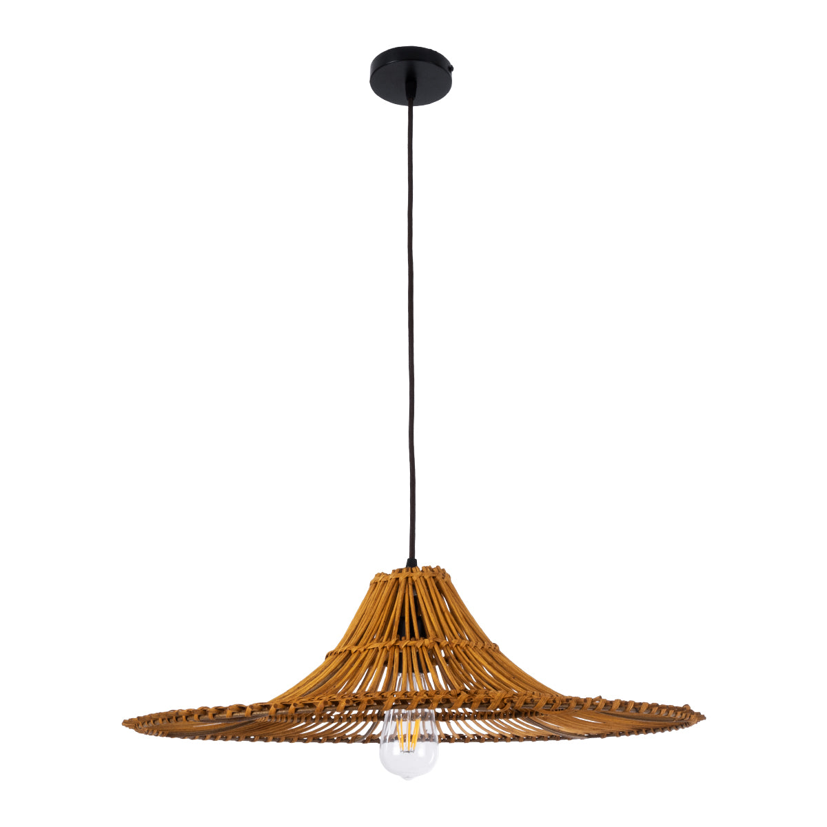 GloboStar® PALERMO 02310 Boho Κρεμαστό Φωτιστικό Οροφής Μονόφωτο 1 x E27 AC220-240V IP20 - Φ60 x Υ18cm - Μπεζ Καφέ Ξύλινο Μπαμπού Πλέγμα - 5 Χρόνια Εγγύηση - ledmania.gr