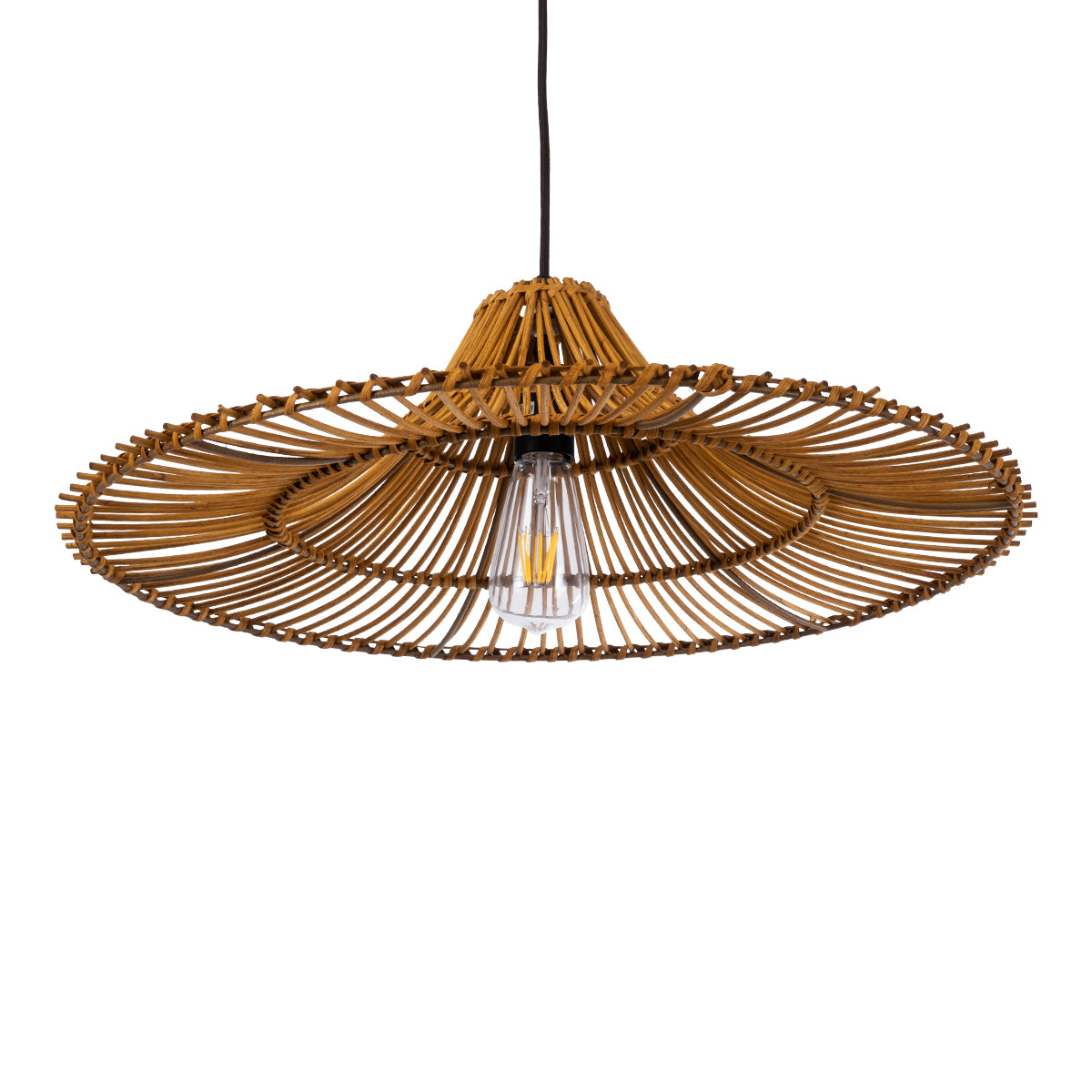 GloboStar® PALERMO 02310 Boho Κρεμαστό Φωτιστικό Οροφής Μονόφωτο 1 x E27 AC220-240V IP20 - Φ60 x Υ18cm - Μπεζ Καφέ Ξύλινο Μπαμπού Πλέγμα - 5 Χρόνια Εγγύηση - ledmania.gr
