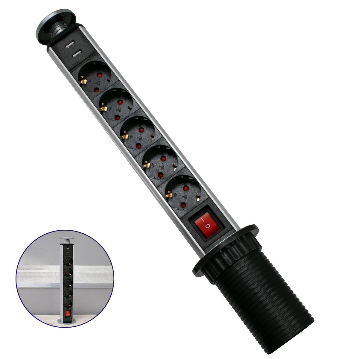 GloboStar® 79632 Χωνευτό Πτυσσόμενο Πολύμπριζο με 5 Πρίζες Ασφαλείας EU Σούκο AC 230V Max 5000W & 2 Εξόδους USB DC 5V Max 3A 18W & Ενσωματωμένο Διακόπτη Οn/Off - ledmania.gr