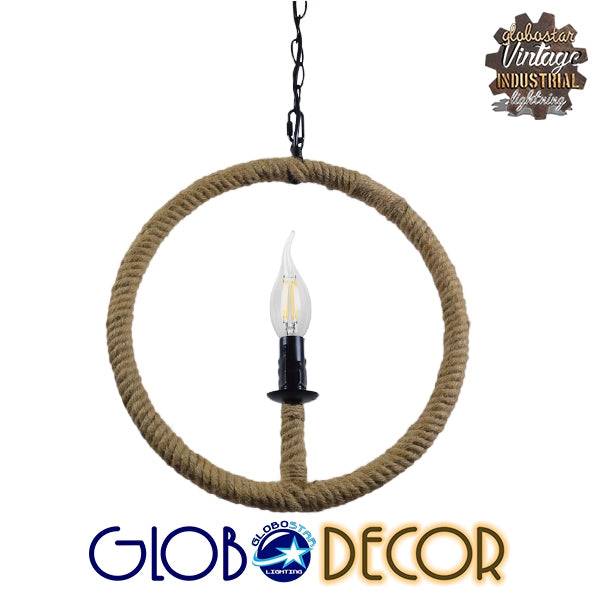 GloboStar® HUNTER 10001111 Vintage Industrial Κρεμαστό Φωτιστικό Οροφής Μονόφωτο Μαύρο Μεταλλικό με Μπεζ Σχοινί Φ33 x Y33cm - ledmania.gr