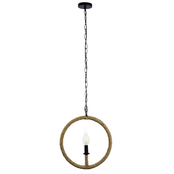 GloboStar® HUNTER 10001111 Vintage Industrial Κρεμαστό Φωτιστικό Οροφής Μονόφωτο Μαύρο Μεταλλικό με Μπεζ Σχοινί Φ33 x Y33cm - ledmania.gr