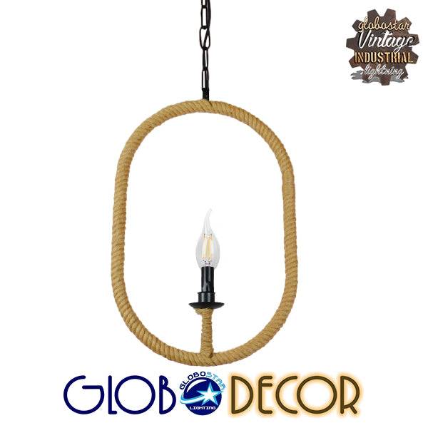 GloboStar® MIERES 10001142 Vintage Κρεμαστό Φωτιστικό Οροφής Μονόφωτο Μαύρο Μεταλλικό με Μπεζ Σχοινί Μ35 x Π10 x Υ53cm - ledmania.gr