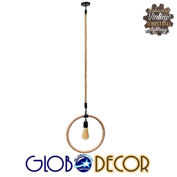 GloboStar® OSLO 10001239 Vintage Industrial Κρεμαστό Φωτιστικό Οροφής Μονόφωτο Μαύρο Μεταλλικό με Μπεζ Σχοινί Μ34 x Π22 x Υ34cm - ledmania.gr