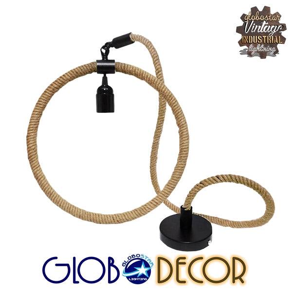 GloboStar® OSLO 10001239 Vintage Industrial Κρεμαστό Φωτιστικό Οροφής Μονόφωτο Μαύρο Μεταλλικό με Μπεζ Σχοινί Μ34 x Π22 x Υ34cm - ledmania.gr
