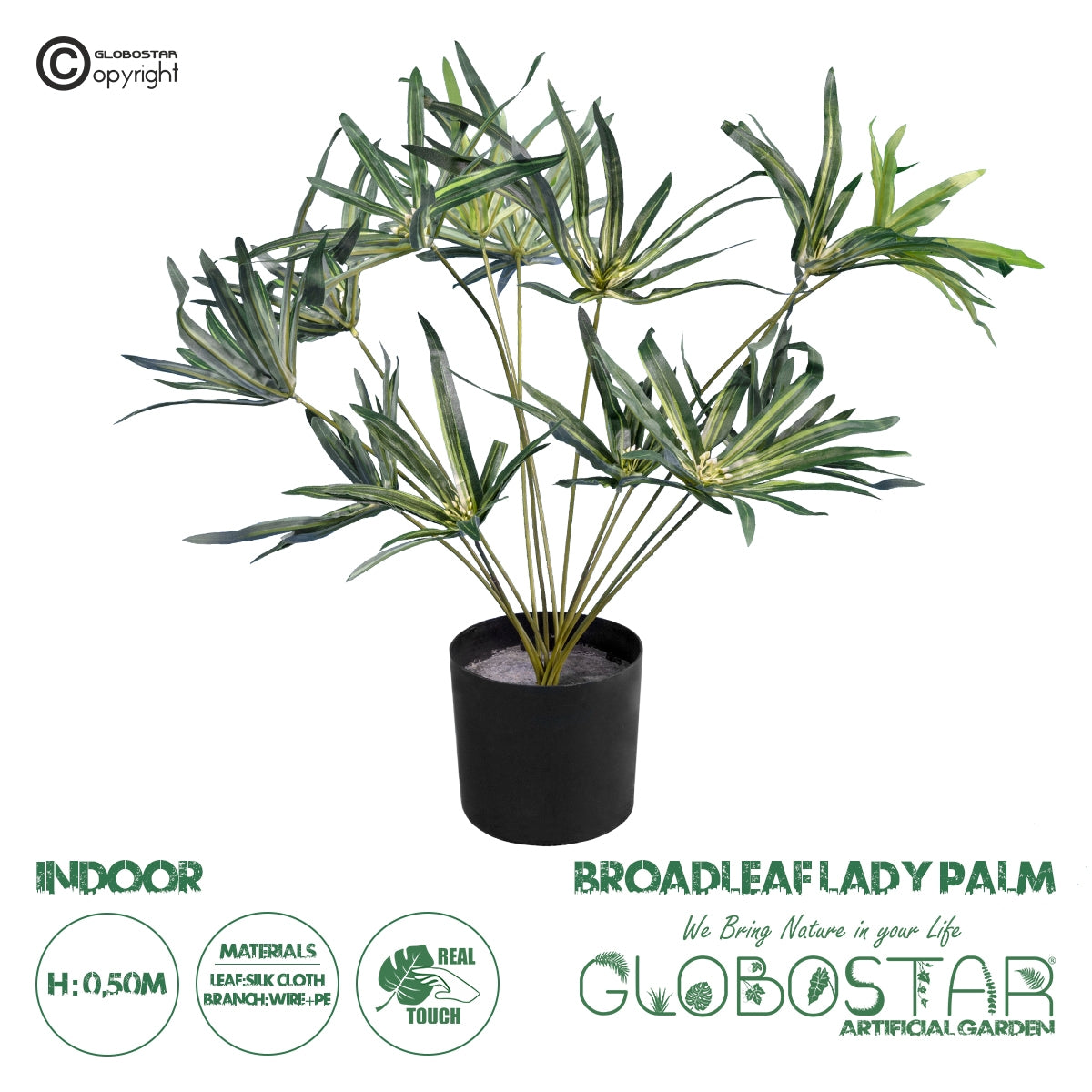 GloboStar® Artificial Garden BROADLEAF LADY PALM 20059 Τεχνητό Διακοσμητικό Φυτό Πλατύφυλλος Φοίνικας Μπαμπού Υ50cm - ledmania.gr
