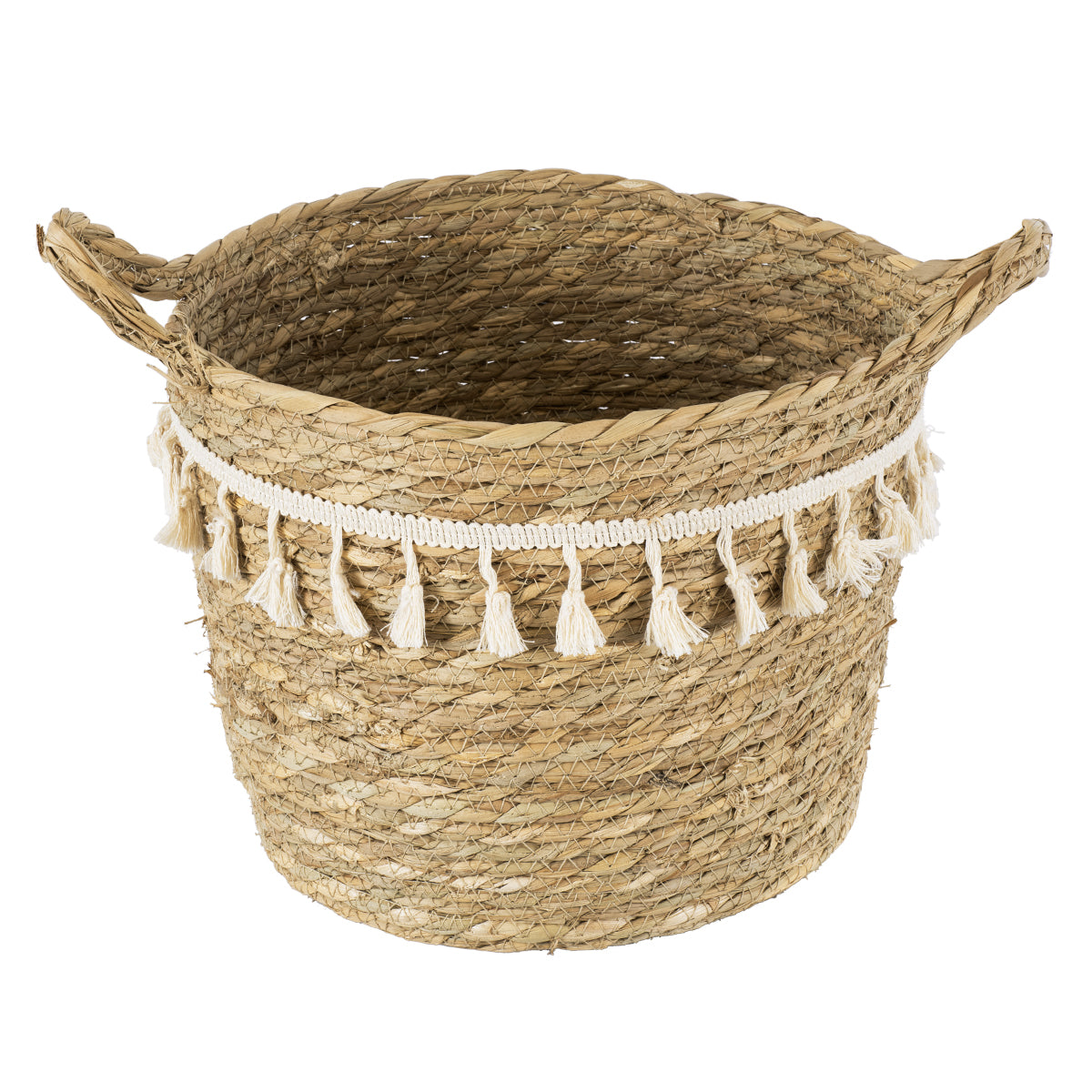 GloboStar® Artificial Garden SANTORINI 20285 Διακοσμητικό Πλεκτό Καλάθι - Κασπώ Γλάστρα - Flower Pot Μπεζ με Μακραμέ Φ25cm x Υ23cm - ledmania.gr