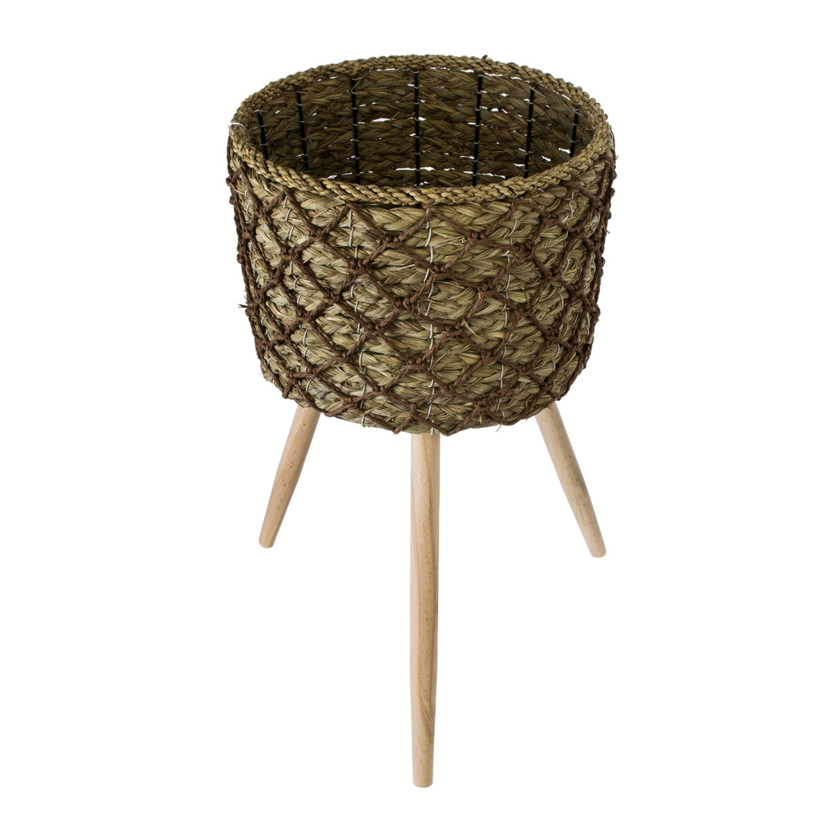 GloboStar® Artificial Garden SAMOS 20305 Διακοσμητικό Πλεκτό Καλάθι - Κασπώ Γλάστρα - Flower Pot Μπεζ με Καφέ Φ32cm x Υ58cm - ledmania.gr