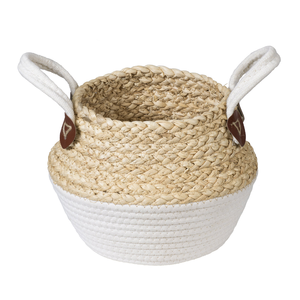 GloboStar® Artificial Garden KIMOLOS 20309 Διακοσμητικό Πλεκτό Καλάθι - Κασπώ Γλάστρα - Flower Pot Μπεζ με Λευκό Φ18cm x Υ21cm - ledmania.gr