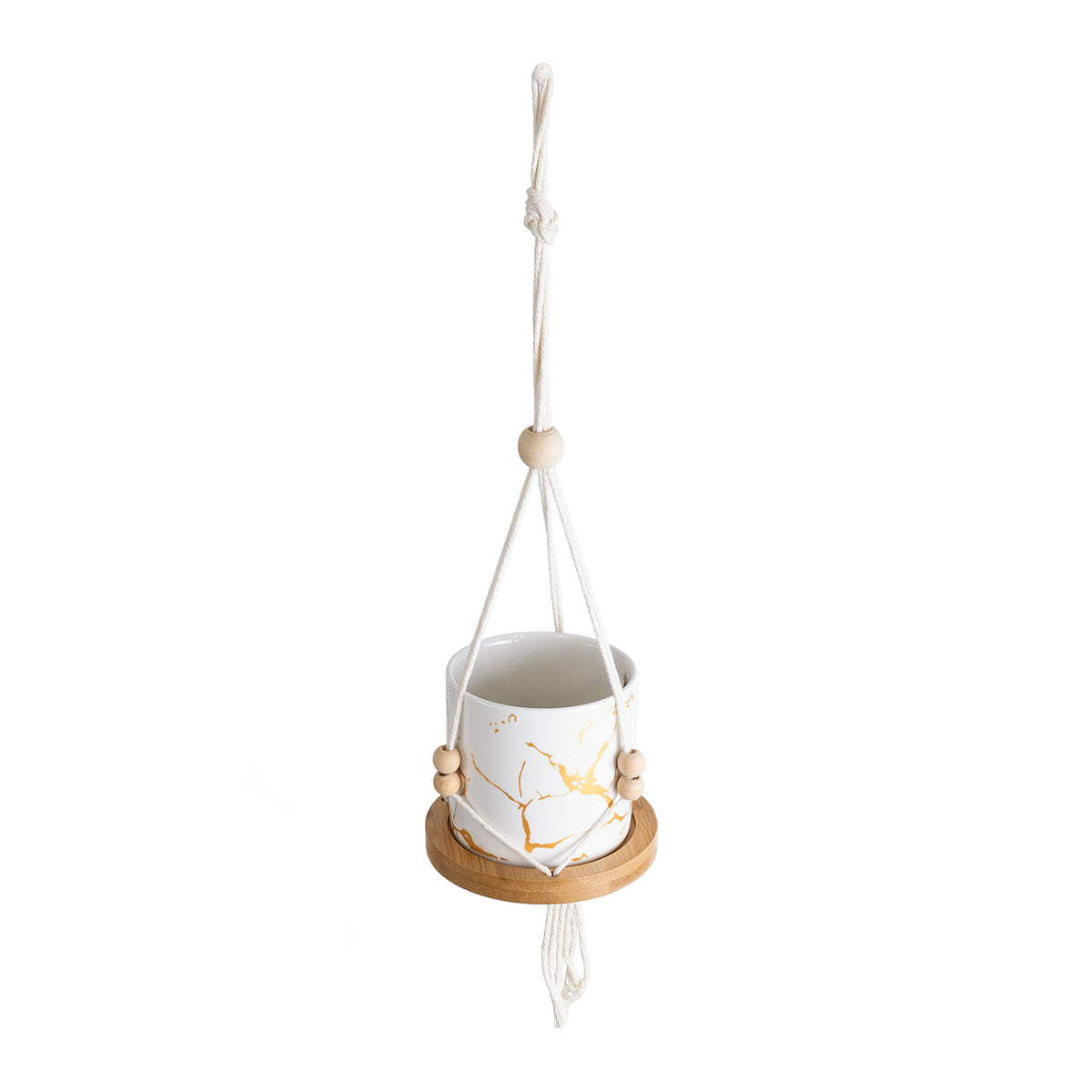 GloboStar® Artificial Garden USBOA 20545 Κρεμαστό Διακοσμητικό Κεραμικό Κασπώ Γλάστρα - Flower Pot Λευκό με Χρυσές Λεπτομέρειες και Μπεζ Ξύλινη Βάση Φ10 x Υ40cm - ledmania.gr