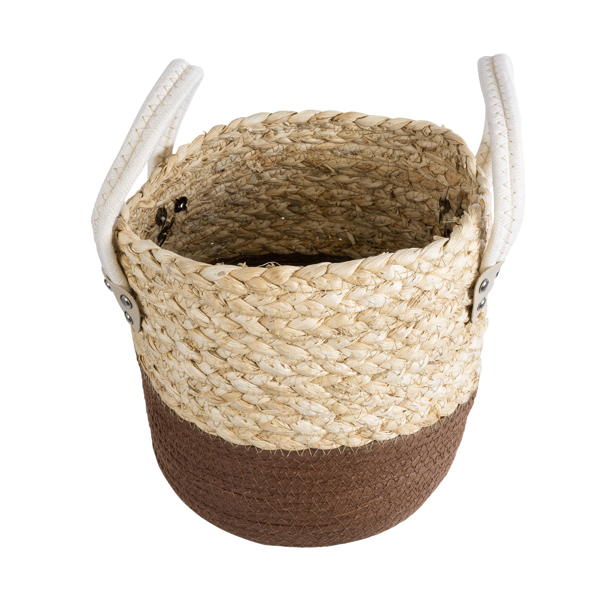 GloboStar® Artificial Garden CAROLINA 20578 Διακοσμητικό Πλεκτό Κασπώ Γλάστρα - Flower Pot Μπεζ με Καφέ και Λευκό Φ23 x Υ23cm - ledmania.gr