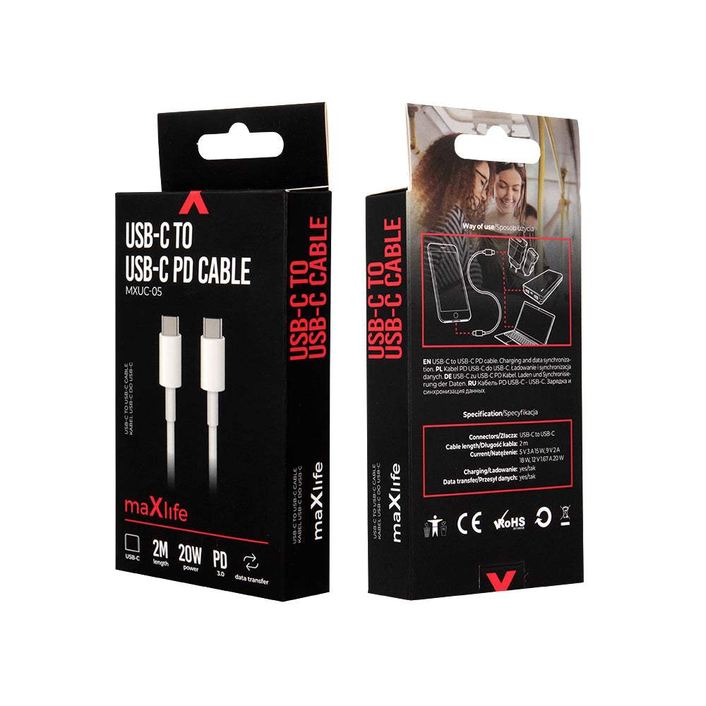 MAXLIFE MXUC-05 CABLE USB-C - USB-C 2M 20W WHITE - ledmania.gr