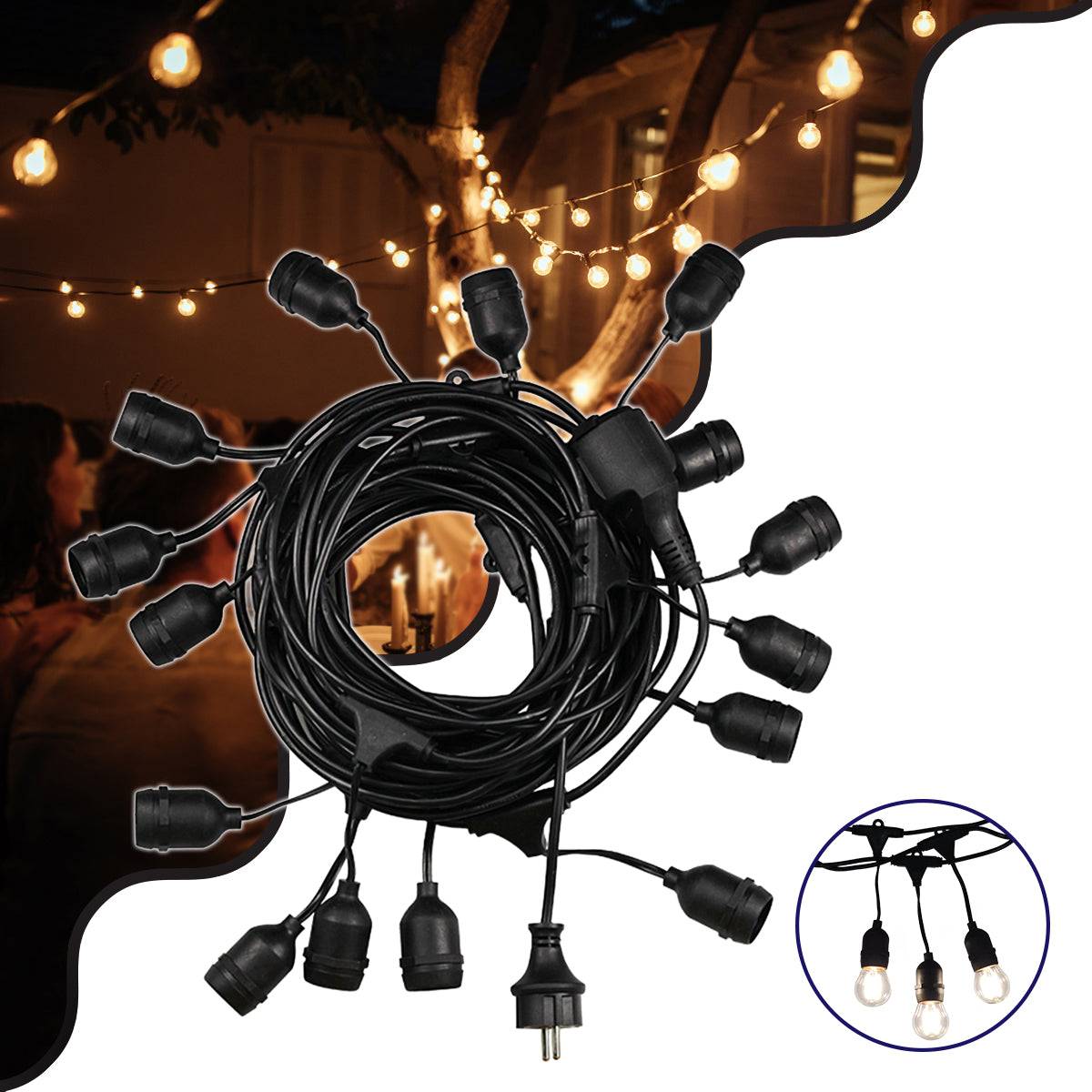 GloboStar® 78982 Καλωδιογιρλάντα PVC 5 Μέτρων με 15 Ντουί E27 με Πρίζα Schuko Επεκτεινόμενη Αδιάβροχη IP65 - ledmania.gr