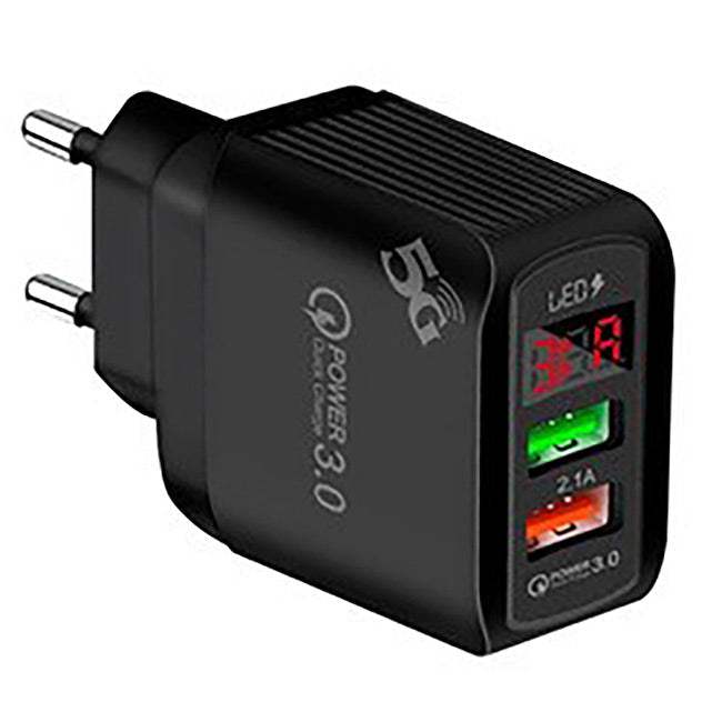 3.1A Επιτοίχιος Γρήγορος Φορτιστής QC3.0 με 2 Θυρες Usb και ψηφιακή οθόνη LED-5v-9v-12v-Μαυρος-1τεμ - ledmania.gr