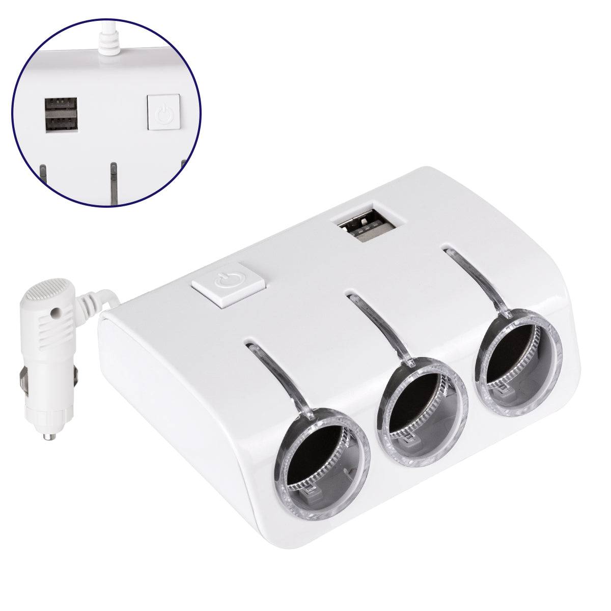 GloboStar® 81807 Πολύπριζο - Φορτιστής Αυτοκινήτου 2 x USB 3.1A & 3 x Θύρες Αναπτήρα Αυτοκινήτου DC 12-24V Max 60W Μαύρο Λευκό - ledmania.gr