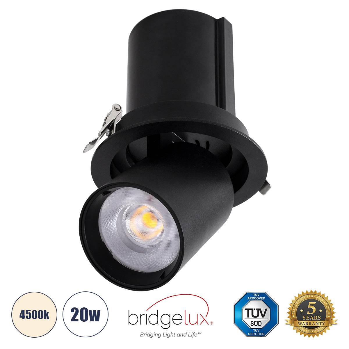 GloboStar® VIRGO-B 60312 Χωνευτό LED Spot Downlight TrimLess Φ13.5cm 20W 2600lm 36° AC 220-240V IP20 Φ13.5cm x Υ14cm - Στρόγγυλο - Μαύρο - Φυσικό Λευκό 4500K - Bridgelux COB - 5 Years Warranty - ledmania.gr