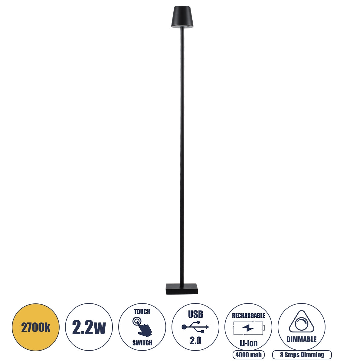 GloboStar® NEGA 60477 Μοντέρνο Επιδαπέδιο Φωτιστικό LED 2.2W 154lm 360° DC 5V Επαναφορτιζόμενο με Μπαταρία Li-ion 4000mAh - Διακόπτη Αφής - Θερμό Λευκό 2700K - Dimmable - D10 x H135cm - Μαύρο - ledmania.gr