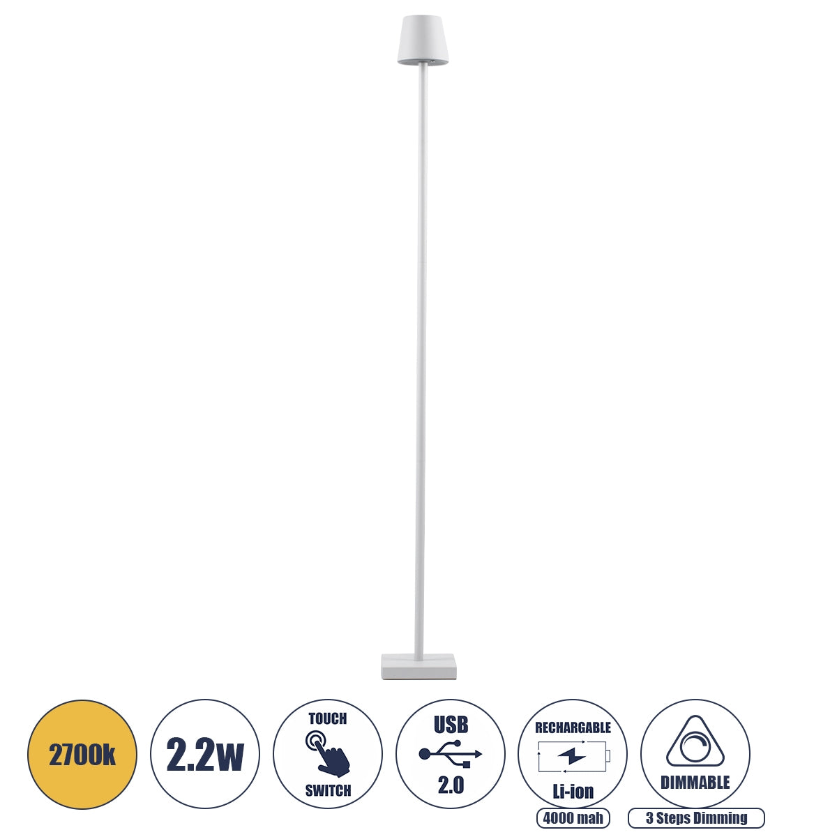GloboStar® NEGA 60478 Μοντέρνο Επιδαπέδιο Φωτιστικό LED 2.2W 154lm 360° DC 5V Επαναφορτιζόμενο με Μπαταρία Li-ion 4000mAh - Διακόπτη Αφής - Θερμό Λευκό 2700K - Dimmable - D10 x H135cm - Λευκό - ledmania.gr