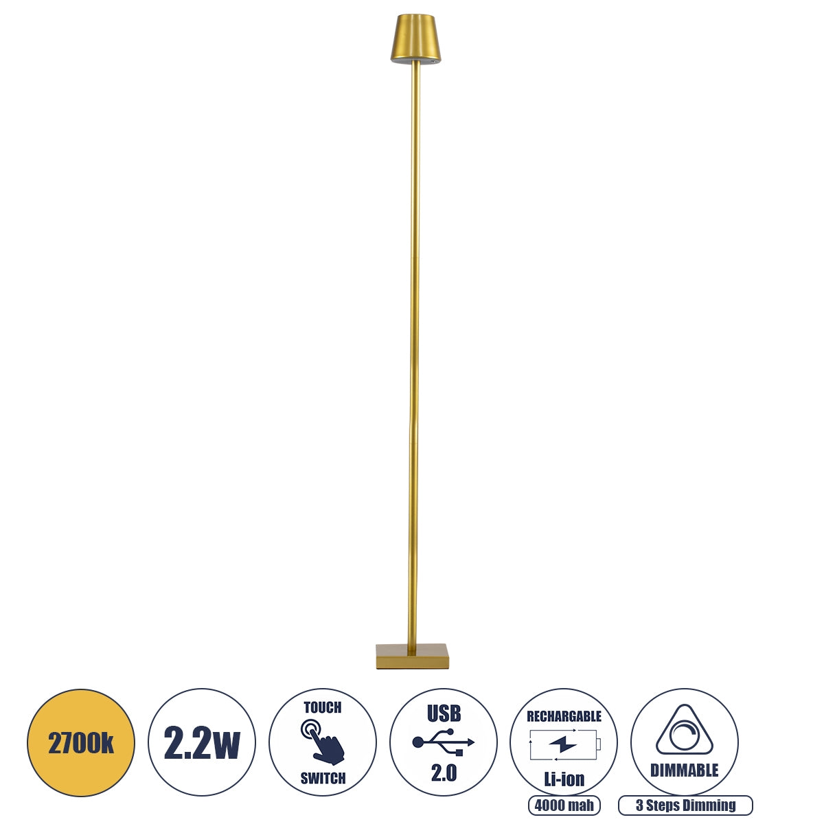 GloboStar® NEGA 60479 Μοντέρνο Επιδαπέδιο Φωτιστικό LED 2.2W 154lm 360° DC 5V Επαναφορτιζόμενο με Μπαταρία Li-ion 4000mAh - Διακόπτη Αφής - Θερμό Λευκό 2700K - Dimmable - D10 x H135cm - Χρυσό - ledmania.gr