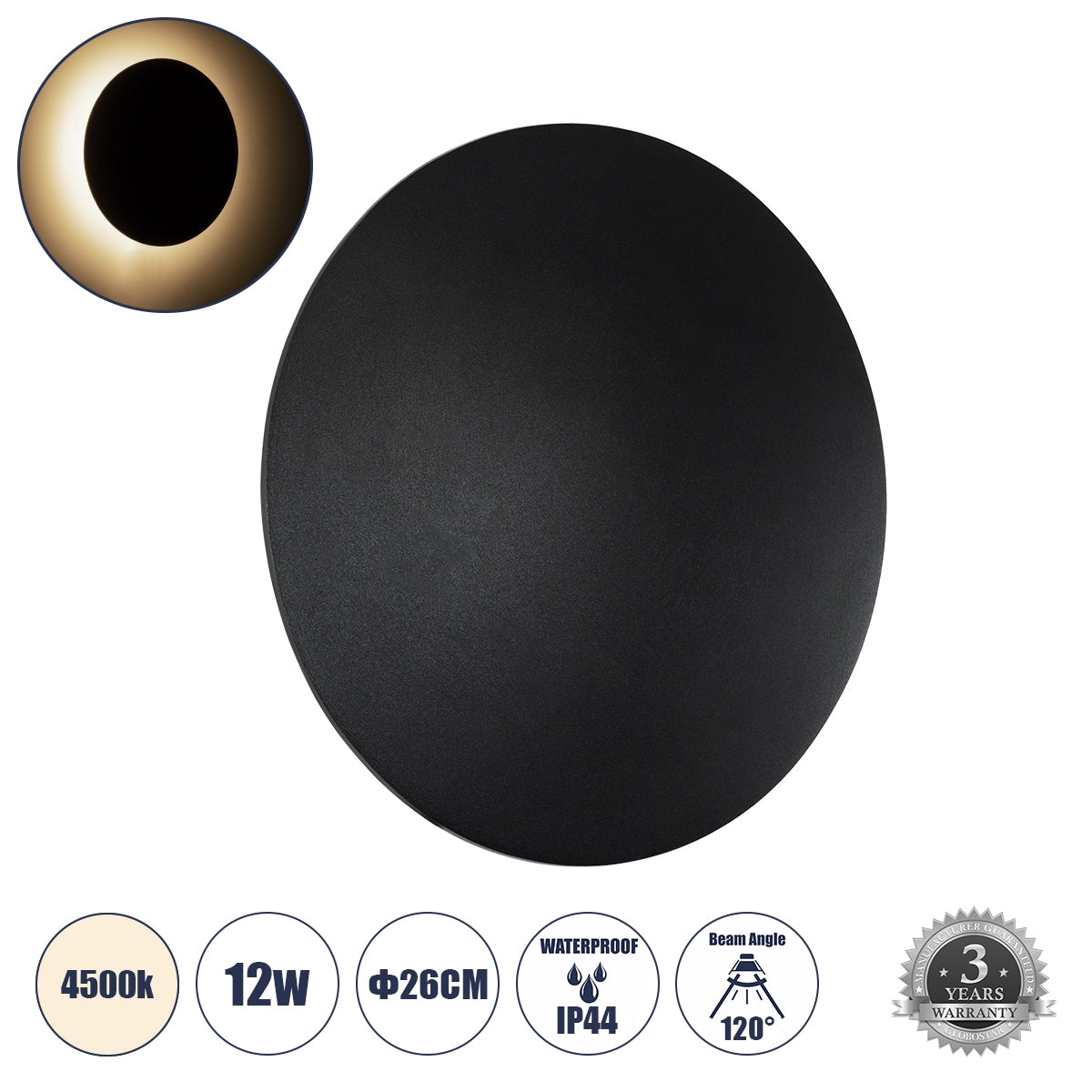 GloboStar® HELIO-R 60494 Φωτιστικό Τοίχου - Απλίκα Αρχιτεκτονικού Φωτισμού Εξωτερικού Χώρου LED 12W 1440lm 120° x 360° AC 220-240V Αδιάβροχο IP65 Φ26 x Π5cm - Φυσικό Λευκό 4500K - Μαύρο - Στρόγγυλο - Bridgelux Chip - ledmania.gr