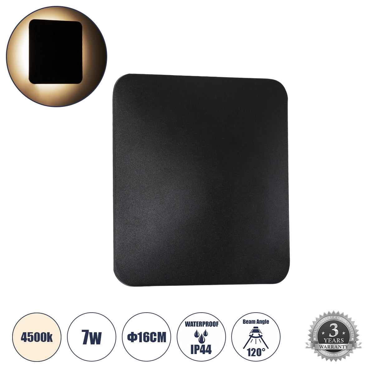 GloboStar® HELIO-S 60495 Φωτιστικό Τοίχου - Απλίκα Αρχιτεκτονικού Φωτισμού Εξωτερικού Χώρου LED 7W 840lm 120° x 360° AC 220-240V Αδιάβροχο IP65 Μ16 x Π5 x Υ16cm - Φυσικό Λευκό 4500K - Μαύρο - Τετράγωνο - Bridgelux Chip - ledmania.gr