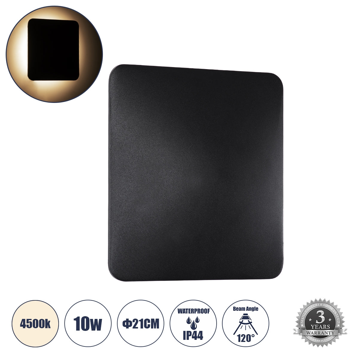 GloboStar® HELIO-S 60496 Φωτιστικό Τοίχου - Απλίκα Αρχιτεκτονικού Φωτισμού Εξωτερικού Χώρου LED 10W 1200lm 120° x 360° AC 220-240V Αδιάβροχο IP65 Μ21 x Π5 x Υ21cm - Φυσικό Λευκό 4500K - Μαύρο - Τετράγωνο - Bridgelux Chip - ledmania.gr