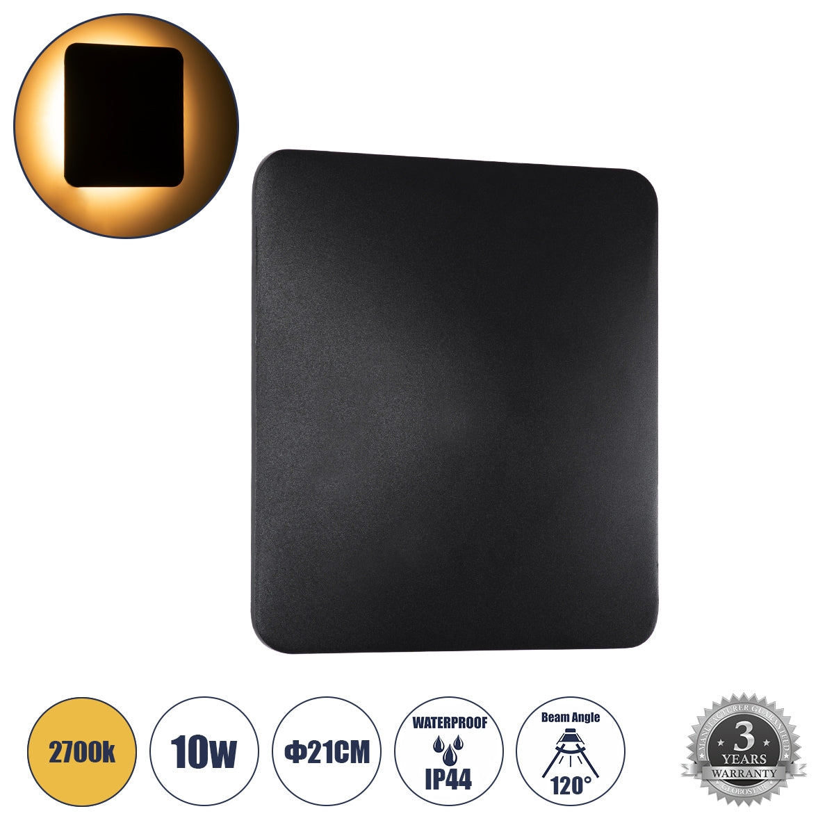 GloboStar® HELIO-S 60663 Φωτιστικό Τοίχου - Απλίκα Αρχιτεκτονικού Φωτισμού Εξωτερικού Χώρου LED 10W 1150lm 120° x 360° AC 220-240V Αδιάβροχο IP65 Μ21 x Π5 x Υ21cm - Θερμό Λευκό 2700K - Μαύρο - Τετράγωνο - Bridgelux Chip - ledmania.gr